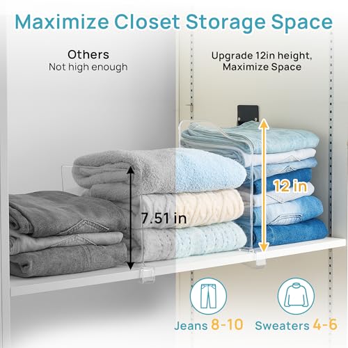 Vtopmart 8 Pack 12in Height Shelf Dividers for Closet Organization, Clear Plastic Closet Shelf Dividers of Upgrade Height for Maximizing Vertical Space Storage, Organizing Sweater, Jeans, Shirts, Bags