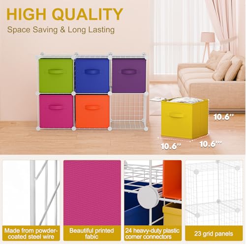 Leinuosen 6 Cube Storage Organizer with 6 Foldable Fabric Storage Bins, Metal Wire Grid Shelves, Stackable Modular Closet Organizer for Bedroom Living Room Office Toys Books(White,Colorful) - color: White,Colorful