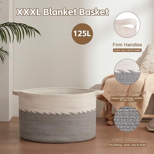 OIAHOMY 125L Extra Large Blanket Basket, 25" x 16", Jumbo Laundry Hamper, Cotton Rope Basket with Handles for Living Room,Baby Toy Basket for Storage, Grey - color: Grey, size: 25" x 25" x 16"