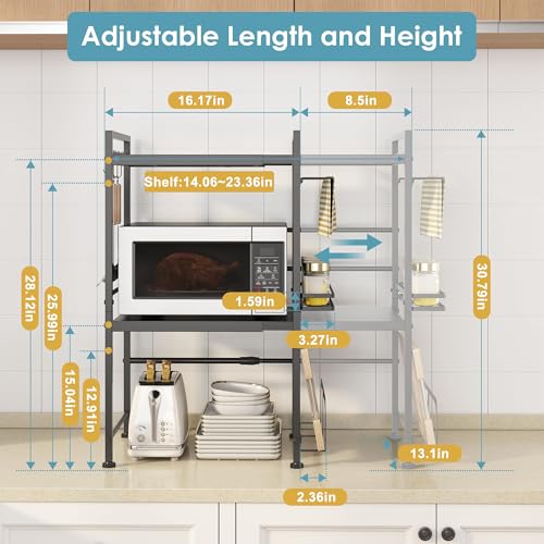 DOLALIKE Microwave Oven Rack, Expandable Microwave Stand Countertop Kitchen Utensils Tableware Storage, Carbon Steel Over Microwave Shelf Countertop with 6 Hooks - color: Black, size: 3 Tier (With Spice Rack)