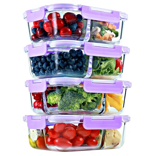 2 & 3 Compartment Glass Meal Prep Containers (4 Pack, 32 oz) - Glass Food Storage Containers with Lids, Bento Box, Portion Control, Airtight, Oven & Freezer safe, Food Container, Lavender - color: Lavender (2,3 compartment - 4 pack, 32oz)