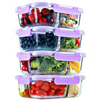 2 & 3 Compartment Glass Meal Prep Containers (4 Pack, 32 oz) - Glass Food Storage Containers with Lids, Bento Box, Portion Control, Airtight, Oven & Freezer safe, Food Container, Lavender - color: Lavender (2,3 compartment - 4 pack, 32oz)