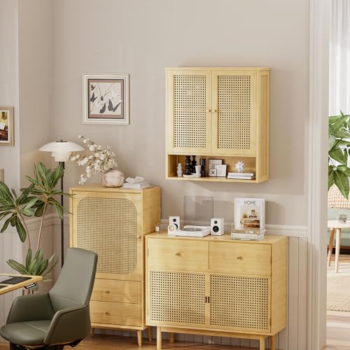 Bathroom Wall Cabinet, Bamboo Over-The-Toilet Storage Organizer with 2 Rattan Doors and Adjustable Shelf, Space Saver Medicine Cabinet for Laundry, Kitchen, Living Room (Natural) - color: Natural