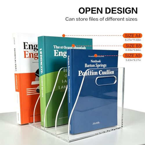 Acrylic Magazine File Holder, 4 Vertical Compartments Desk Document Sorter Organizer, Clear Bookend File Sorter Holder for Office, Documents, Tablets, Magazines, Books - size: B5 File Rack (4 slots)