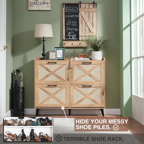 Barnyatoh Shoe Storage Cabinet, Boho Shoe Organizer with 4 Flip Drawers & Rattan Design,Farmhouse Freestanding Hidden Slim Narrow Shoe Rack Cabinet for Entryway, Foyer,Hallway,Natural - color: Natural, size: 4-Drawers