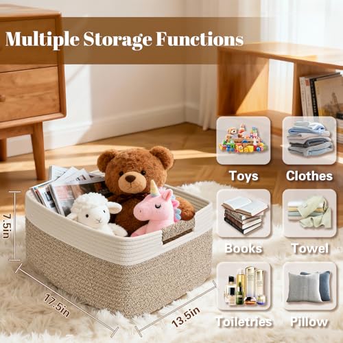 4 Pack Large Storage Basket for Organizing, 17.5"x13"x7" Woven Basket for Shelves, Closet Cube Storage Bins with Wrapped Handle, Cotton Rope Baskets for Kitchen, Clothes, Toys(Off White & Brown) - color: Off White & Brown, size: 4 Pack