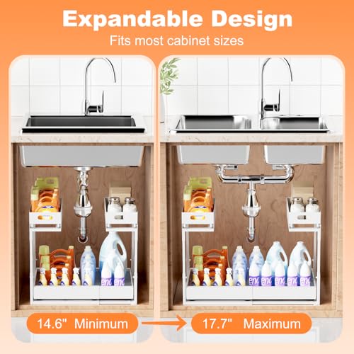 Upgrade 1 Pack Expandable Under Sink Organizers and Storage, 2 Tier Metal Pull Out Cabinet Organizer with 3 Slide Rails, Adjustable Height Slide Out Under Sink Drawers for Kitchen Bathroom Pantry - size: 1 Pack 15”-25”