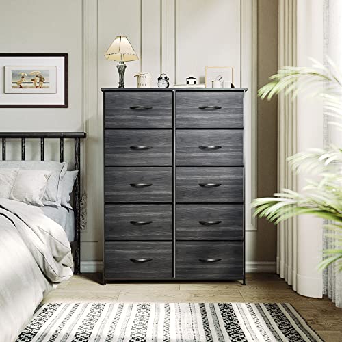 YITAHOME 10 Drawer Dresser - Fabric Storage Tower, Organizer Unit for Living Room, Hallway, Closets - Sturdy Steel Frame, Wooden Top & Easy Pull Fabric Bins - color: Cool Black Wood Grain, style: 10-Drawer