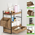 Kottwca 2-Tier Bathroom Counter Organizer with Drawer, Basket & Hooks, Wooden Vanity Shelf for Skincare, Perfume & Makeup Storage(Dark Brown) - color: Dark Brown