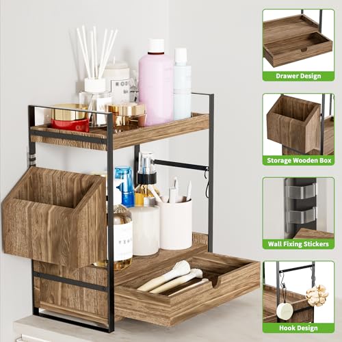 2-Tier Bathroom Counter Organizer with Drawer and Basket, Wood Countertop Organizer for Storage, Skincare Organizers for Vanity, Counter Shelf for Bathroom Organization(Dark Brown) - color: Dark Brown