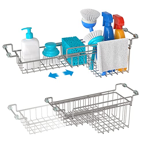Over The Kitchen Sink Caddy Sponge Holder Organizer Drying Rack Expandable for Sponge Brush Soap Dish Cloth Rag, Stainless Steel (12.25" to 17.25") - size: 12.25" to 17.25"