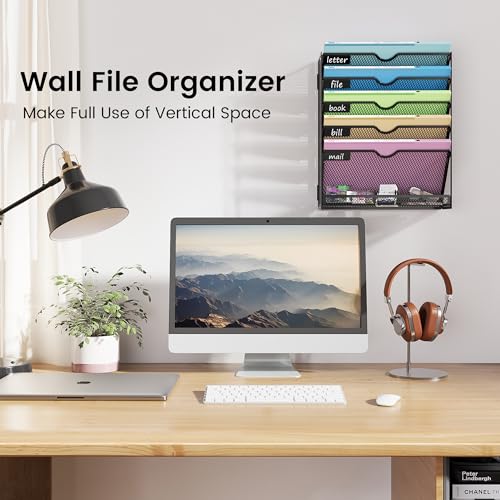 Hanging Wall File Organizer 6-Tier Wall Mount Mail Organizer & Desk Paper Organizer, Sleek Black Metal File Folder Holder for Office, Cubicle, Bedroom | All-in-One Document Storage Shelf - color: Black-1pack