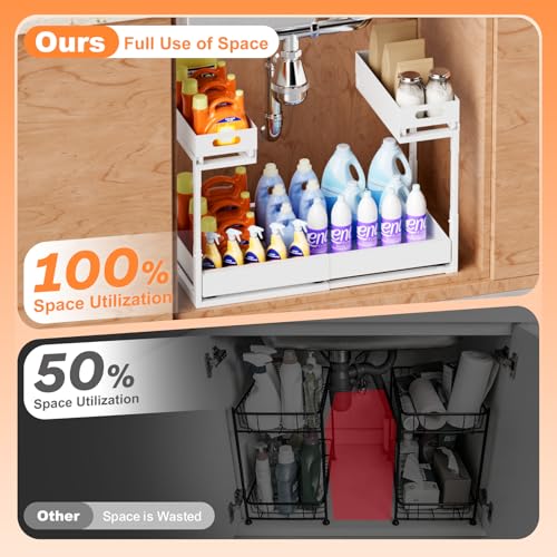 Upgrade 1 Pack Expandable Under Sink Organizers and Storage, 2 Tier Metal Pull Out Cabinet Organizer with 3 Slide Rails, Adjustable Height Slide Out Under Sink Drawers for Kitchen Bathroom Pantry - size: 1 Pack 15”-25”