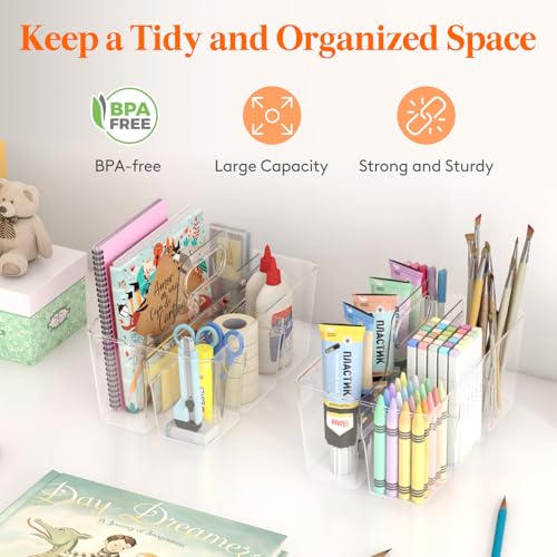 Lifewit 2 Pcs Plastic Caddy Organizer with Handle, Portable Art Supply Storage for Craft Supplies, Cosmetics, Holds Pencil, Crayon, Brushes, Hair Product, Dorm Shower Caddy, Clear, 25 x 15x 17cm - color: Clear