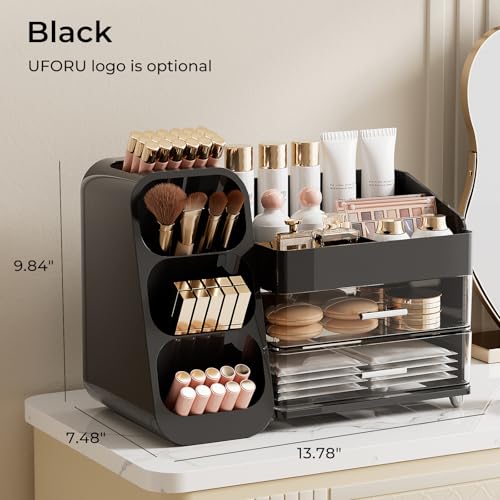 Makeup Organizer for Vanity with Brush Holder, Large Plastic Bathroom Countertop Skincare Organizer with 2 Drawers, Spacious Cosmetic Display Case for Perfumes, Eyeshadow Palettes, Nail Polishes - color: Black, size: Large