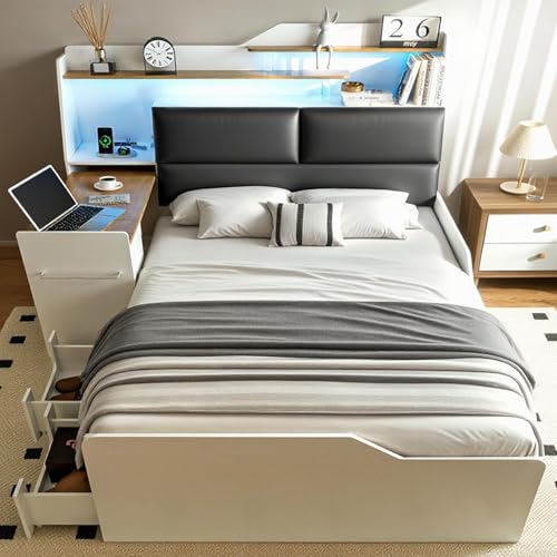 Kikihouse Queen Size Platform Bed with Foldable Desk & Storage Headboard | Bookshelf, 4 Drawers, LED Lights, USB Ports, No Box Spring Needed, Space-Saving - size: Queen