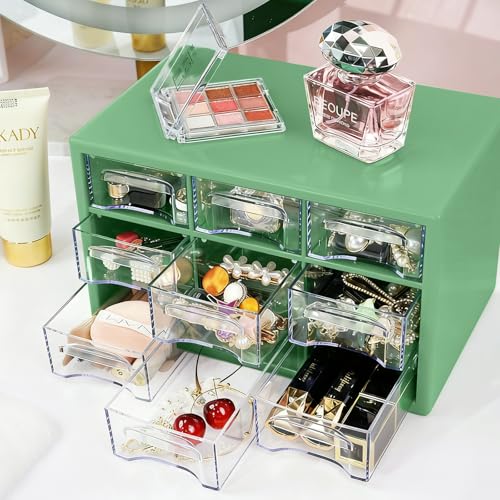 Desk Storage Organizer with 9 Drawers, FODIENS Stackable Desktop Craft Drawer Cabinet, Clear Storage Box Caddy for Makeup Jewelry Office Craft Supplies (9.84×6.3×5.9in) (Green) - color: Green