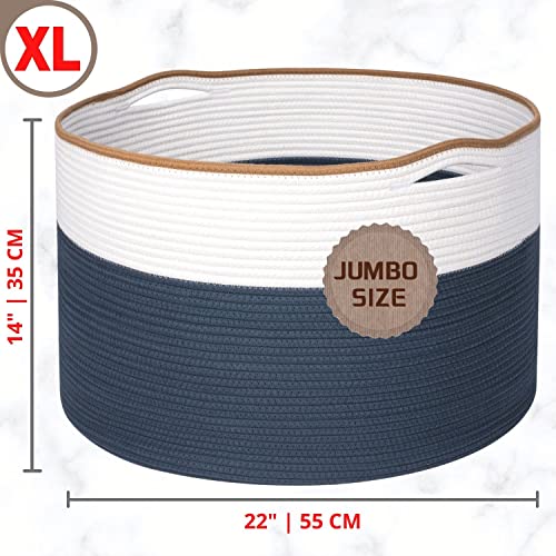 MINTWOOD Design Extra Large 22 x 14 Inches Decorative Woven Cotton Rope Blanket Storage Basket Bin Living Room and Laundry Hamper for Pillows, Pool Towels, Dog Toys, Shoes, Prussian Blue - color: Prussian Blue