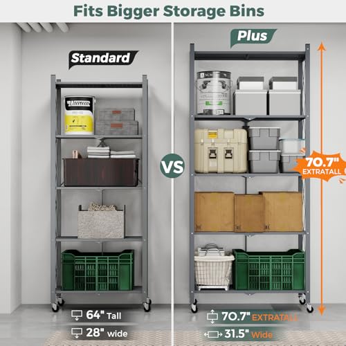 DEANIC 70.7" Tall Extra Large 5-Tier Folding Storage Shelf with Wheels, No Assembly Collapsible Metal Rack with Leveling Feet for Garage, Pantry, Basement, Vendor Display, Kitchen(Gray,1 Pack) - color: Grey