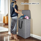 Odonata 75L Slim Laundry Hamper with Lid,Large Foldable Laundry Basket with Removable Bag and Handles Tall Collapsible Dirty Clothes Basket Great for Bedroom, Bathroom, Dorm, College,RV. (Grey, 75L) - color: Grey
