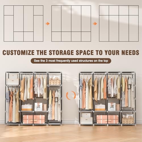 Neatrays Portable Closet, 66 Inch Large Capacity Wardrobe for Closet Organizers and Storage with Non-Woven Fabric Cover, 4 Hanging Rods, 8 Shelves(Grey) - color: Grey, size: 4 Row - 67"Wide