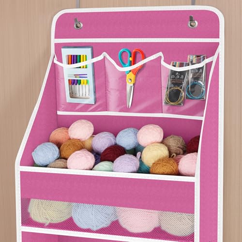 Univivi 5-Shelf Fabric Door Storage Over Door Hanging Organizer with 4 Large Pockets and 3 Small PVC Pockets Nursery Closet Cabinet Wall Mount Hanging Storage Organizers for Baby Nursery (Pink) - color: Pink, size: 5 LAYER