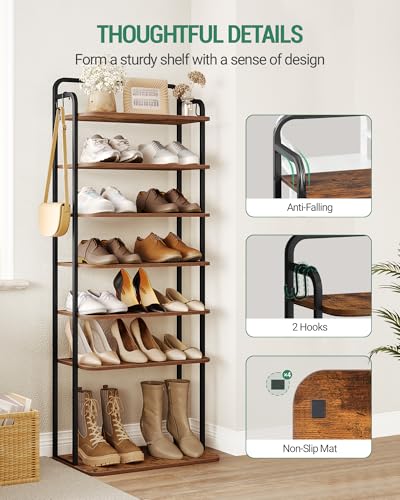 Hzuaneri 8 Tiers Widened Vertical Shoe Rack, Narrow Shoe Tower, Tall Shoes Shelf with 2 Hooks, Adjustable Shelves, Corner Shoes Shelves for Small Spaces, Entryway, Living Room, Rustic Brown SR12501B - color: Rustic Brown and Black, size: 8 Tier(11.8"D x 1