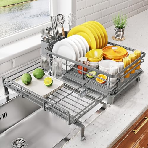 SNTD Dish Drying Rack - Extendable Dish Rack, Large Sink Drying Dish Drainer for Kitchen Counter, Stainless Steel Dish Strainer with Utensil Holder (Grey) - color: Gray