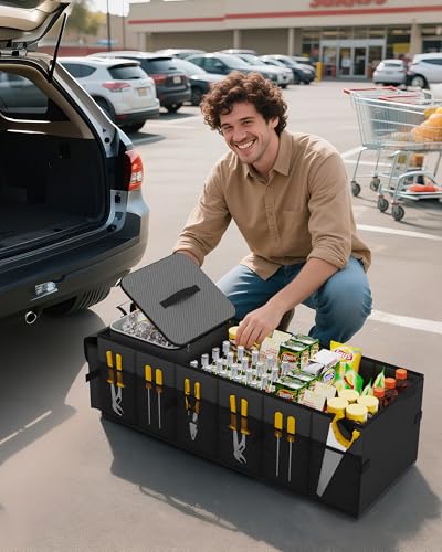 HOTOR Trunk Organizer for Car & SUV, Sturdy Car Organizer with Removable Cooler, Large Foldable Trunk Organizer with Cooler, 3 Compartments, Adjustable Straps, Black, 35.43”×14.17“×10.63” - color: Black, size: X-Large
