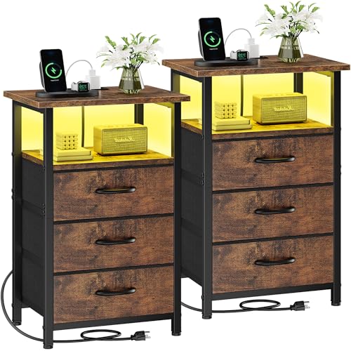 Vagusicc Night stand Set 2 with Charging Station, LED Nightstand for Bedroom, Bedside Table with 3 Fabric Drawer, End Table Side Table with USB Port & Outlets, Bed Side Table for Bedroom, Rustic Brown - color: Rustic Brown, size: 2 Pieces, style: With LED