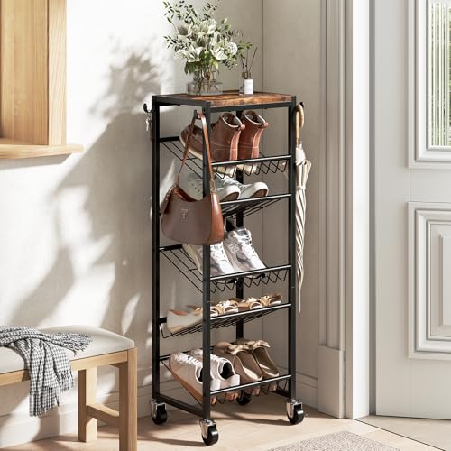 6 Tier Rotating Shoe Rack Tower with Wheels, Wooden Shoe Storage Organizer with Hooks, Sturdy Metal Narrow Shoe Shelf for 6-12 Pairs, Vertical Organizer for Closet Entryway, Rustic Brown - size: 6-tier(13.9 × 11.2 × 38.6)