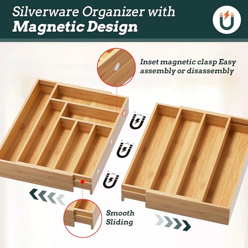 Silverware Organizer Large, Magnetic Connected Expandable 11 Slots Silverware Drawer Organizer From 21 to 37.4 Inches, Adjustable Flatware and Cutlery Holder, Bamboo Utensil Tray for Kitchen Natural - color: Natural, size: 11 Slots