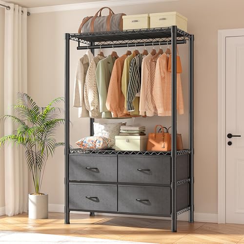 Raybee Clothes Rack, Heavy Duty Clothing Racks for Hanging Clothes, Portable Closet with 4 Drawers, Freestanding Garment Rack with Adjustable Shelves for Bedroom, Basement, Extra Space, Black - color: Black, style: Clothes Rack with Drawers