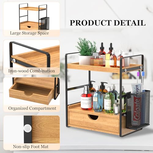 LEMIKKLE Bathroom Counter Organizer with Drawer and Basket,Wood Countertop Organizer for Bathroom Decor Makeup Tray for Perfume Skincare Bedroom Kitchen Corner - color: Light Brown With Drawer