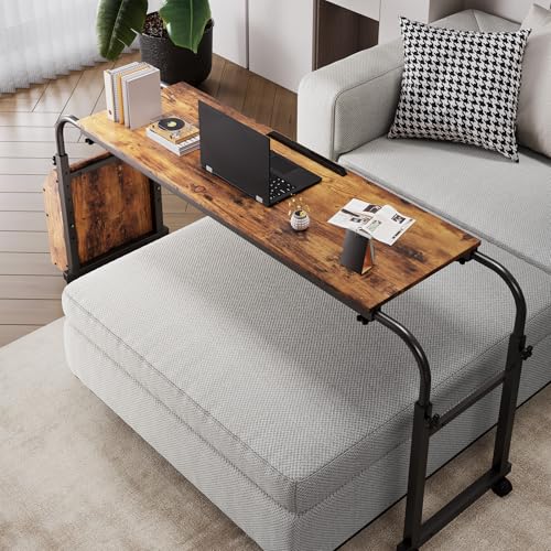 Arlopu Overbed Table with Wheels,60.6-84.2 inches Mobile Bed Desk,Rolling Computer Desk, Laptop Cart,W/0-65°Tilt Stand,4 Heights and 6 Lengths,Side Storage Basket,for Home,Office and Hospital (Brown) - color: Brown