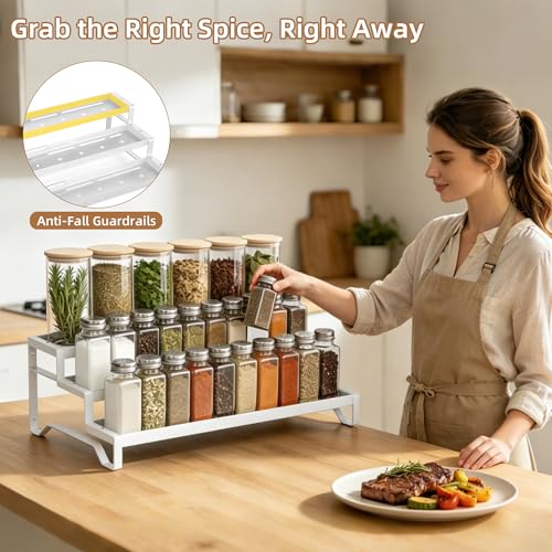 SANKEU Expandable Spice Rack Organizer for Cabinet 3 Tiered Metal Seasoning Organization with Guardrails Spice Shelf Storage for Jars Adjustable Length 13"-21" White 1Pack - color: White, size: 1 Pack