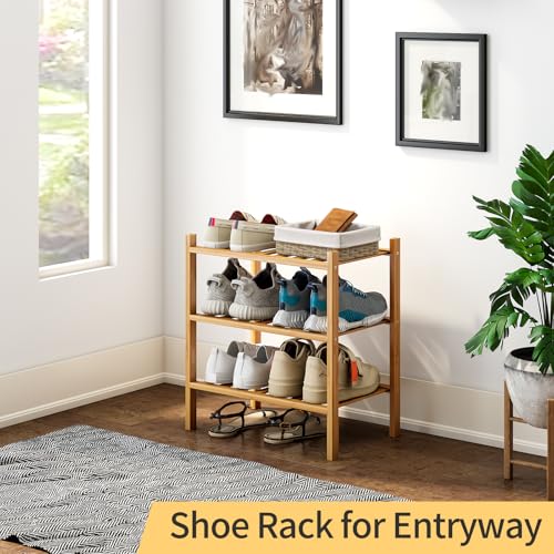 3-Tier Small Shoe Rack for Entryway, Stackable | Heavy Duty | Multi-Function, Bamboo Free Standing Shoe Racks for Bedroom Hallway Closet - color: Natural, size: 3-Tier-Short