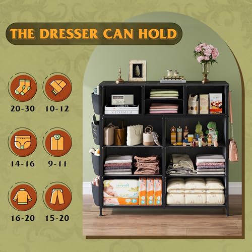 WLIVE Dresser for Bedroom with 10 Drawers, Fabric Dresser Chest of Drawers with Side Pockets and Hooks, Sturdy Metal Frame, Drawers Organizer Unit for Room, Hallway, Charcoal Black Wood Grain Print - color: Charcoal Black Wood Grain Print