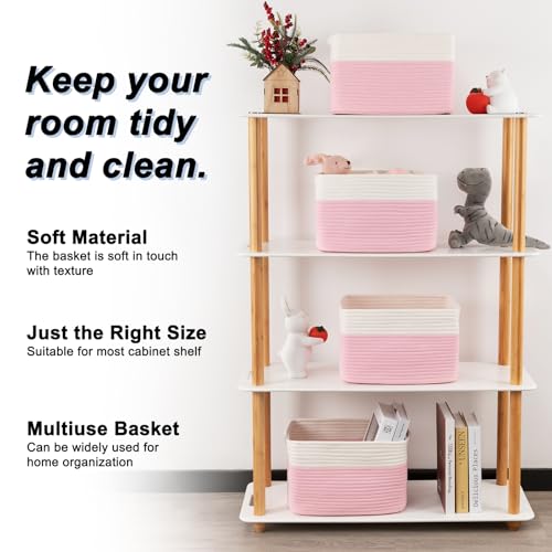 4 Pack Storage Baskets for Organizing, Woven Baskets for Shelves - Perfect for Toys, Books, Towels, and Clothes, Durable Gift Basket Bins Toy Storage, 12.7''Lx9''Wx7.8''H, Pink & White - color: Pink & White, size: Small/12.7''Lx9''Wx7.8''H