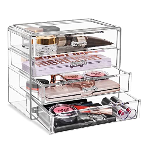 Sorbus Acrylic Makeup Organizer Set, 4-Drawer Vanity & Countertop Cosmetic Storage with Wide Drawers, Clear Makeup Storage for Brushes, Lipsticks, Jewelry – Holiday Gift for Women & Teens - color: Clear