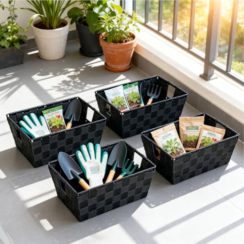 Black Storage Baskets for Shelves, Woven Shelf Baskets for Organizing, Small Strap Organizer Basket for Bathroom Storage, Set of 4 - color: Woven Strap Black, size: 4 Pack