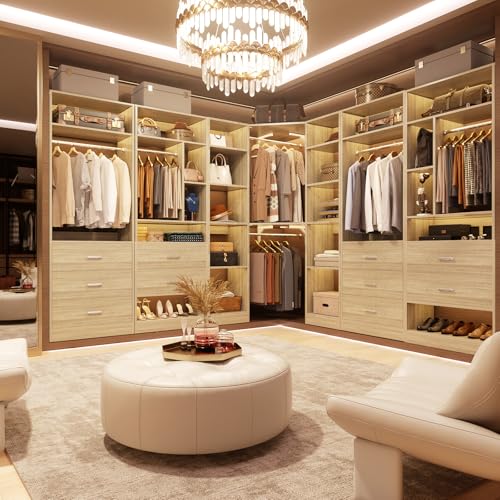 Besiost Corner Closet System with 12 Shelves, 39.2" Corner Closet Organizer System with 2 Hanging Rods, Versatile 6-Tier Walk-in Closets for Corner Space, White Oak (39.2" L x 39.2" W x 80" H) - color: White Oak, size: 39.2" - Without Lights