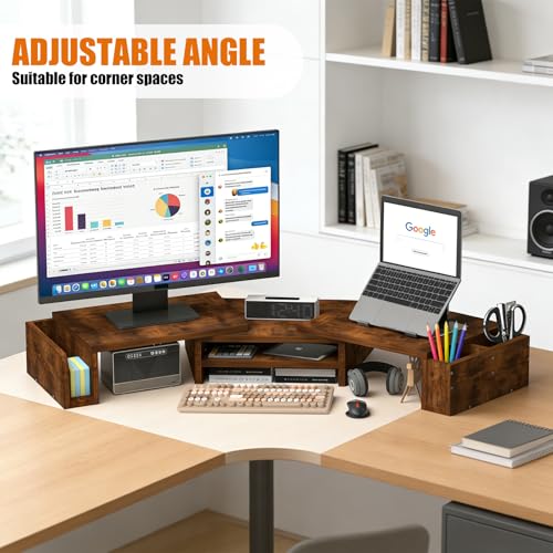 Wood Dual Monitor Stand Riser, Desk Organizers and Accessories with Storage Pen Holders, Adjustable Length and Angle 3 Shelf Extra Long 46" Desktop Organizer for 2 Monitors, Computer, Laptop, TV,Rustic Brown (Triple) - size: Triple