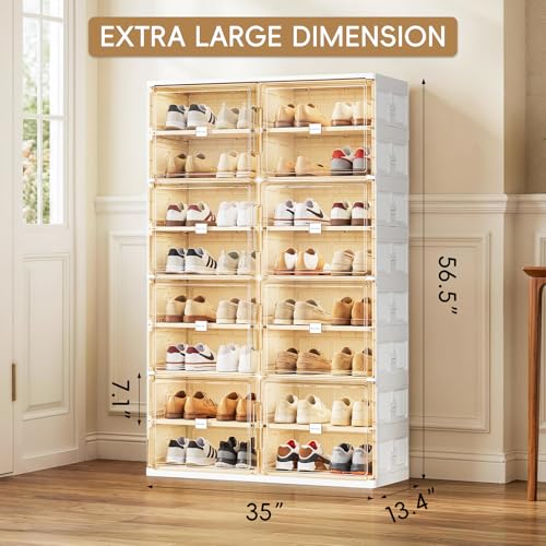 JEKO&JEKO 8 Tiers Foldable Shoe Rack Organizer Cabinet for Closet Entryway, Large Collapsible Shoe Storage Box with Magnetic Doors Fits Up to 32 Pairs (White) - color: Double-row, size: 8 Tiers (Standard Tiers Only)