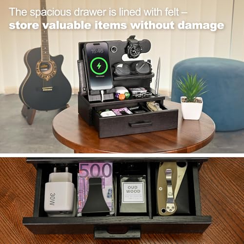 TESLYAR Wood Phone Docking Station with Drawer - Nightstand Organizer - Desk Organizer for Husband - Birthday Gifts for Men, Dad, Anniversary Idea, Key Holder Stand Watch & Accessories (Fumed Black) - color: Fumed Black