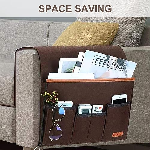 SYCOOVEN Armchair Caddy for Couch Remote Control Holder, Non-Slip Bedside Caddy Organizer Sofa Armrest Organizer for Magazine, Tablet, Phone, iPad(COLOR:brown)