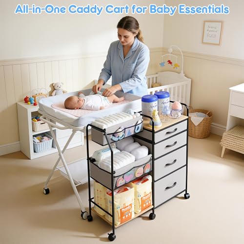 Fabuday Baby Diaper Caddy Organizer Cart - 4 Tier Rolling Diaper Cart with Wheels, Baby Essentials Organizers and Storage, Mobile Utility Carts for Bedside, Crib Nursury, Bedroom, Changing Table
