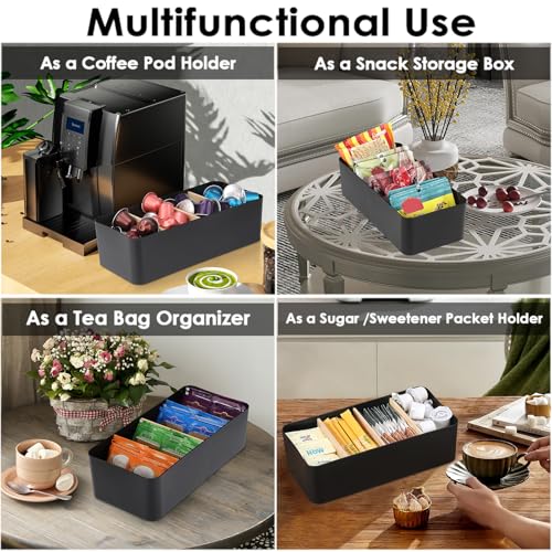 BSTKEY Seasoning Packet Organizer, Food Storage Organizer with Divided 4 Bamboo Wood Compartments, Black Plastic Storage Caddy for Pantry Cabinet, Kitchen Organization Bin for Snacks Spice Packets - color: Black