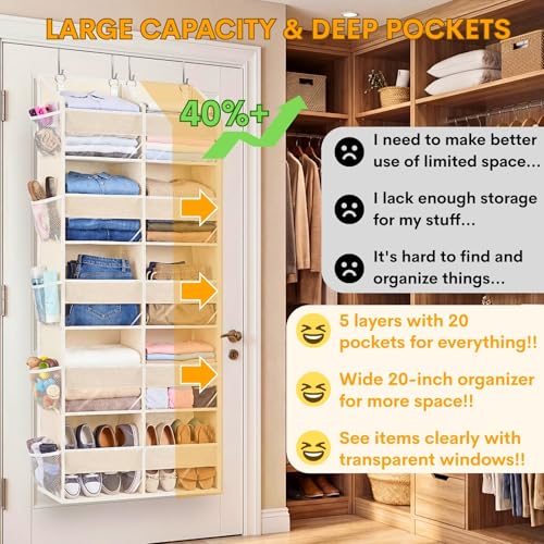 Ofiray-home Over the Door Organizer 5 Tiers,Extra Large Behind Door Storage of 10 Compartments,80 lbs Weight Capacity Over the Door Storage, Door Hanging Organizer for Closet, Diaper Organizer, Beige - color: Beige - 5 Tiers