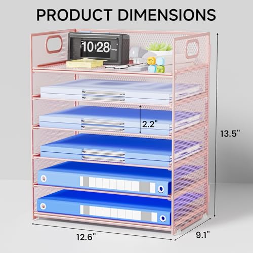 Pink Paper Organizer for Desk with Handle, 6-Tier Metal Mesh File Organizer | Stackable Desktop Organizer for Office Supplies & Stationery Storage - color: Pink, size: 12.6" x 9.1" x 13.5"